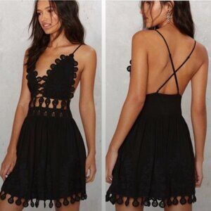 HONEY PUNCH Black Boho Crochet Lace Cutout Festival Mini Dress Size Small